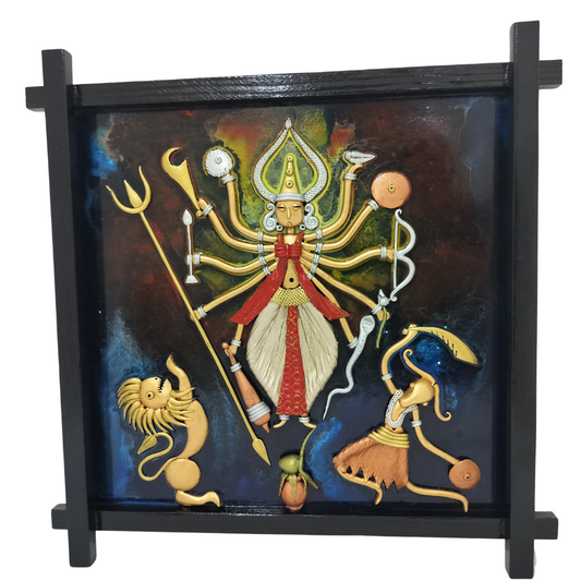 18 X 18 - Maa Durga with Lion and Ganesha - Wall Hanging - Fusion Art