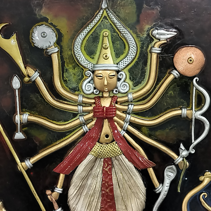 18 X 18 - Maa Durga with Lion and Ganesha - Wall Hanging - Fusion Art