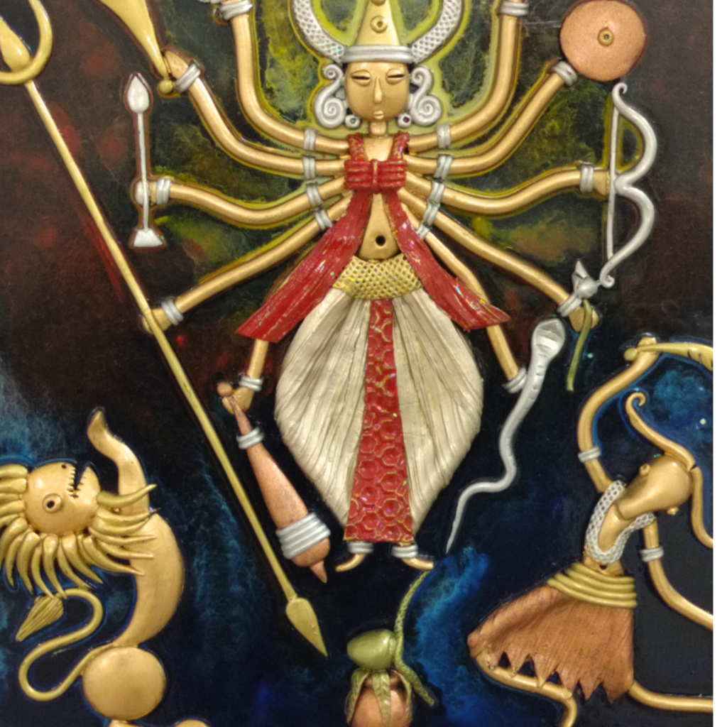 18 X 18 - Maa Durga with Lion and Ganesha - Wall Hanging - Fusion Art