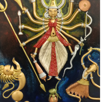18 X 18 - Maa Durga with Lion and Ganesha - Wall Hanging - Fusion Art