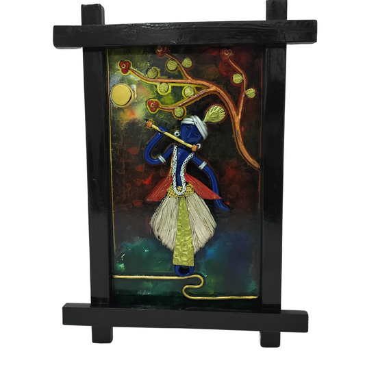 14 X 10 - Krishna playing flute under a bamboo tree - Wall Hanging - Fusion Art